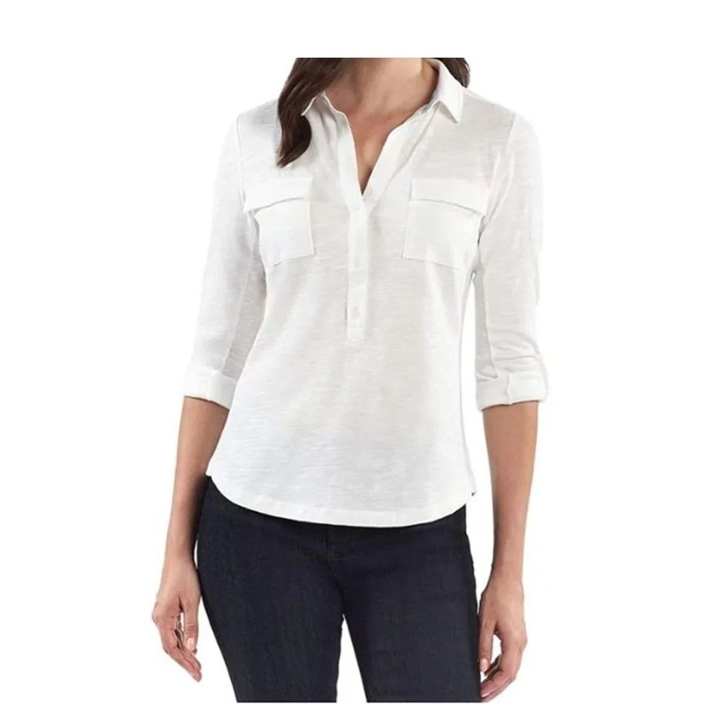 Jones New York Ivory Slub Knit Henley Top 3/4 Roll Tab Sleeve 1271345 Womens L